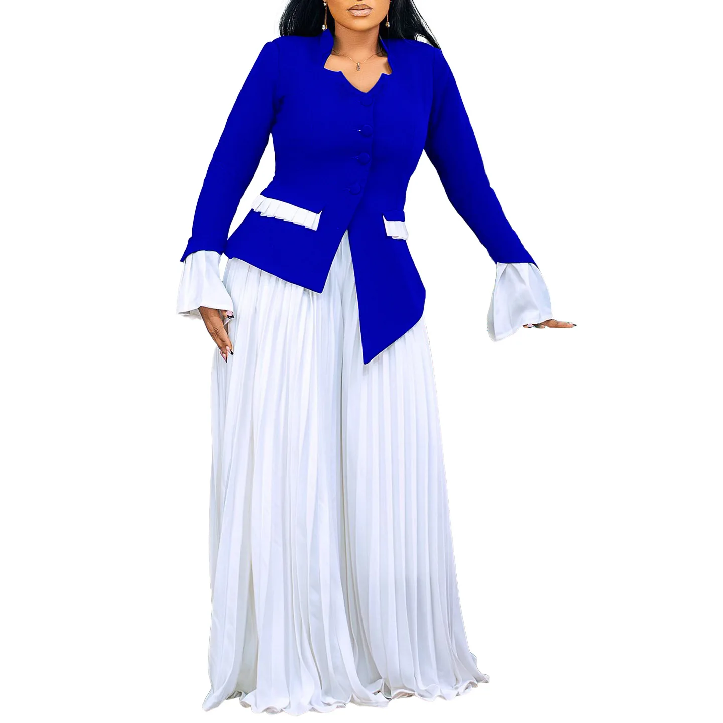 CM.YAYA Women's Set Full Flare Sleeve Button Blazer Shirt + Pleated Long Pants Suit Streetwear Two 2 Piece Set Africa OL Outfits