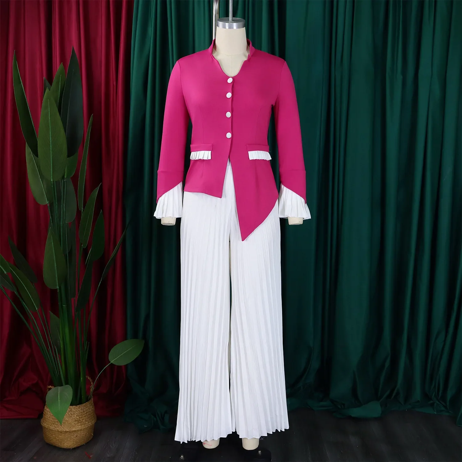 CM.YAYA Women’s Set Full Flare Sleeve Button Blazer Shirt + Pleated Long Pants Suit Streetwear Two 2 Piece Set Africa OL Outfits CM.YAYA Women's Set Full Flare Sleeve Button Blazer Shirt + Pleated Long Pants Suit Streetwear Two 2 Piece Set Africa OL Outfits