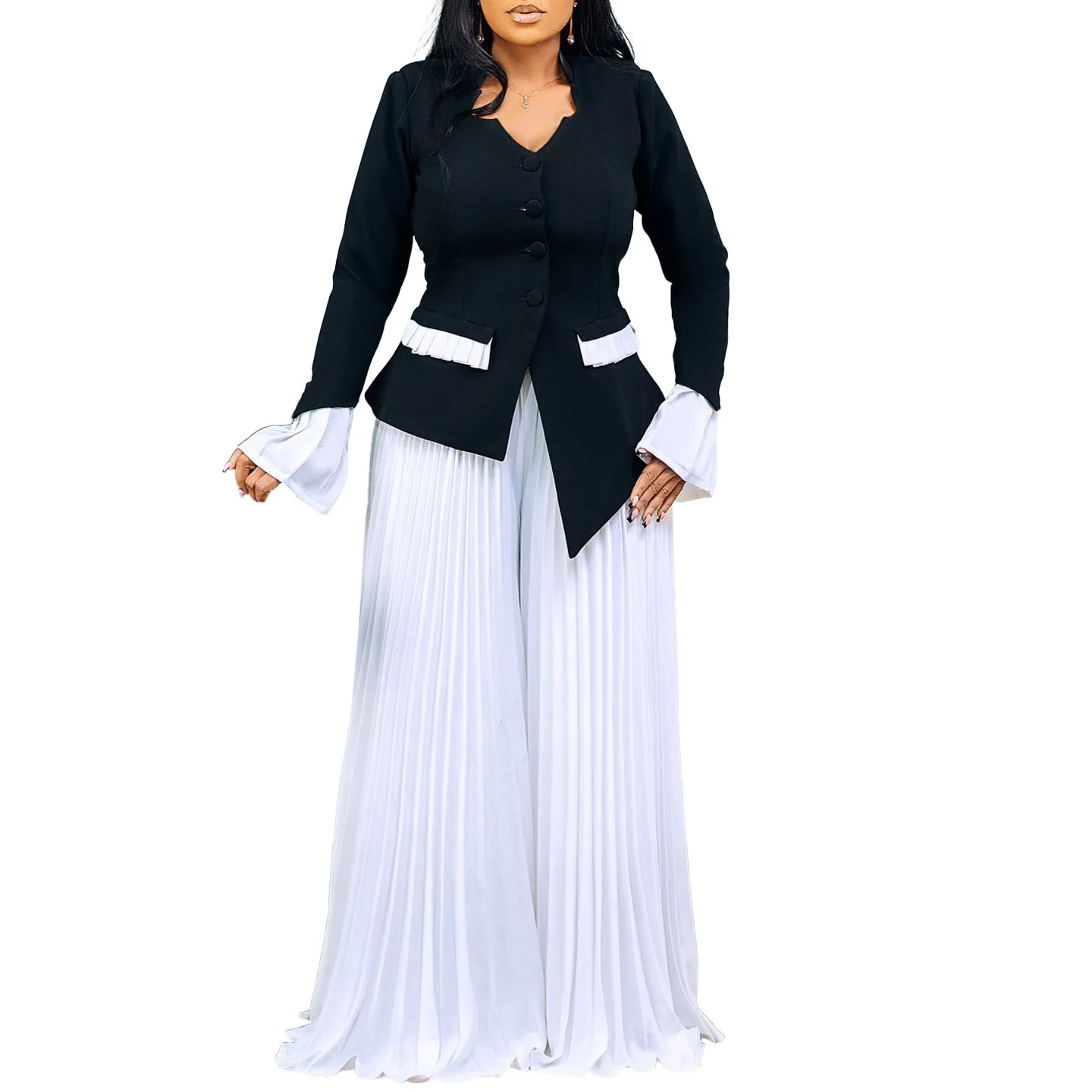 CM.YAYA Women's Set Full Flare Sleeve Button Blazer Shirt + Pleated Long Pants Suit Streetwear Two 2 Piece Set Africa OL Outfits
