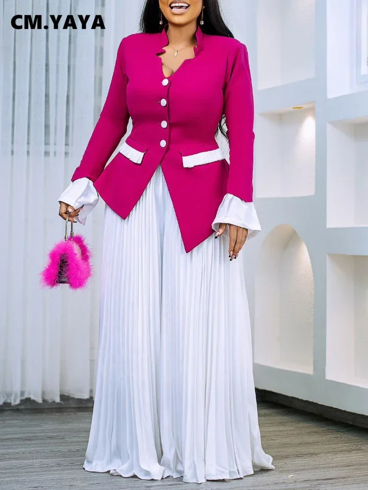 CM.YAYA Women’s Set Full Flare Sleeve Button Blazer Shirt + Pleated Long Pants Suit Streetwear Two 2 Piece Set Africa OL Outfits CM.YAYA Women's Set Full Flare Sleeve Button Blazer Shirt + Pleated Long Pants Suit Streetwear Two 2 Piece Set Africa OL Outfits