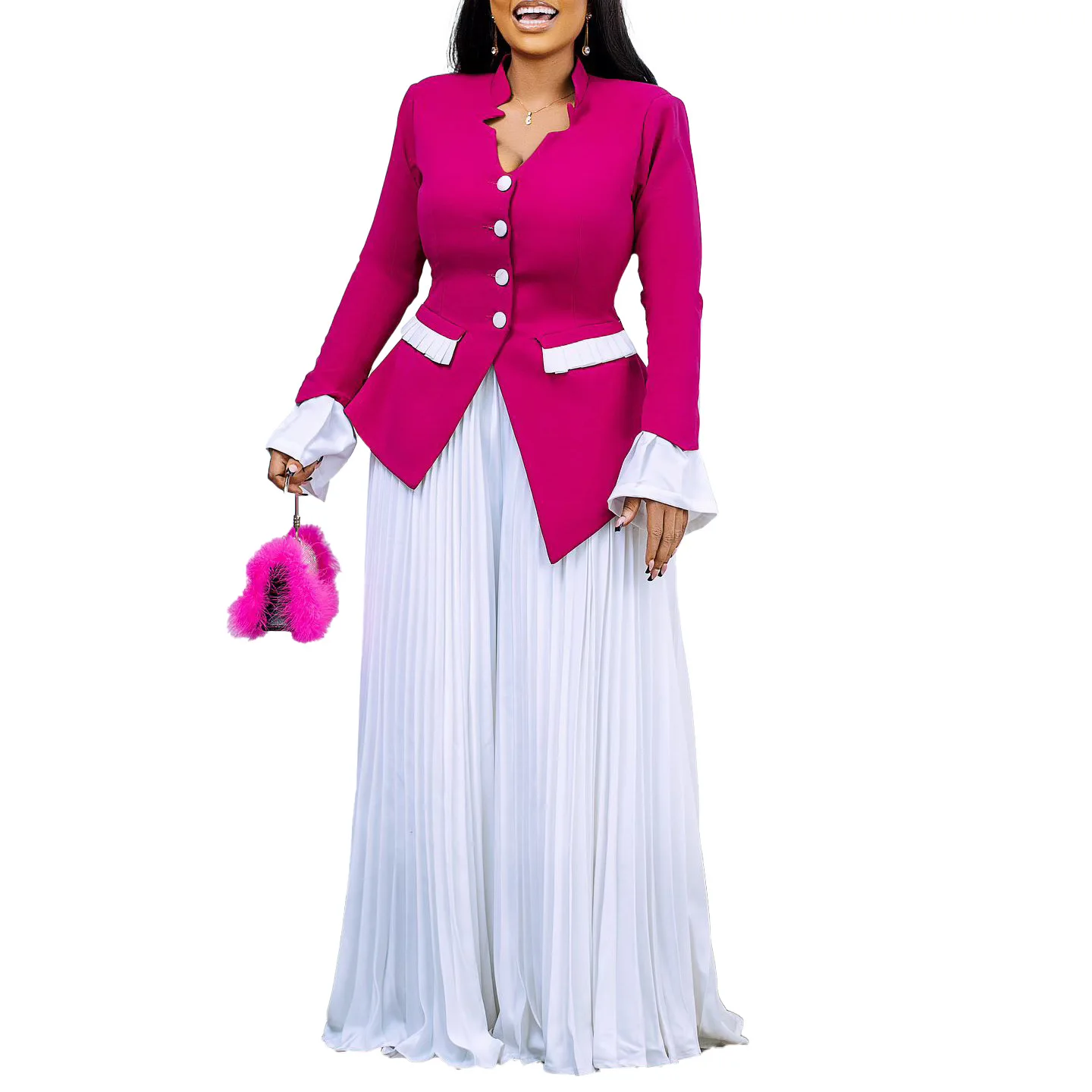 CM.YAYA Women's Set Full Flare Sleeve Button Blazer Shirt + Pleated Long Pants Suit Streetwear Two 2 Piece Set Africa OL Outfits