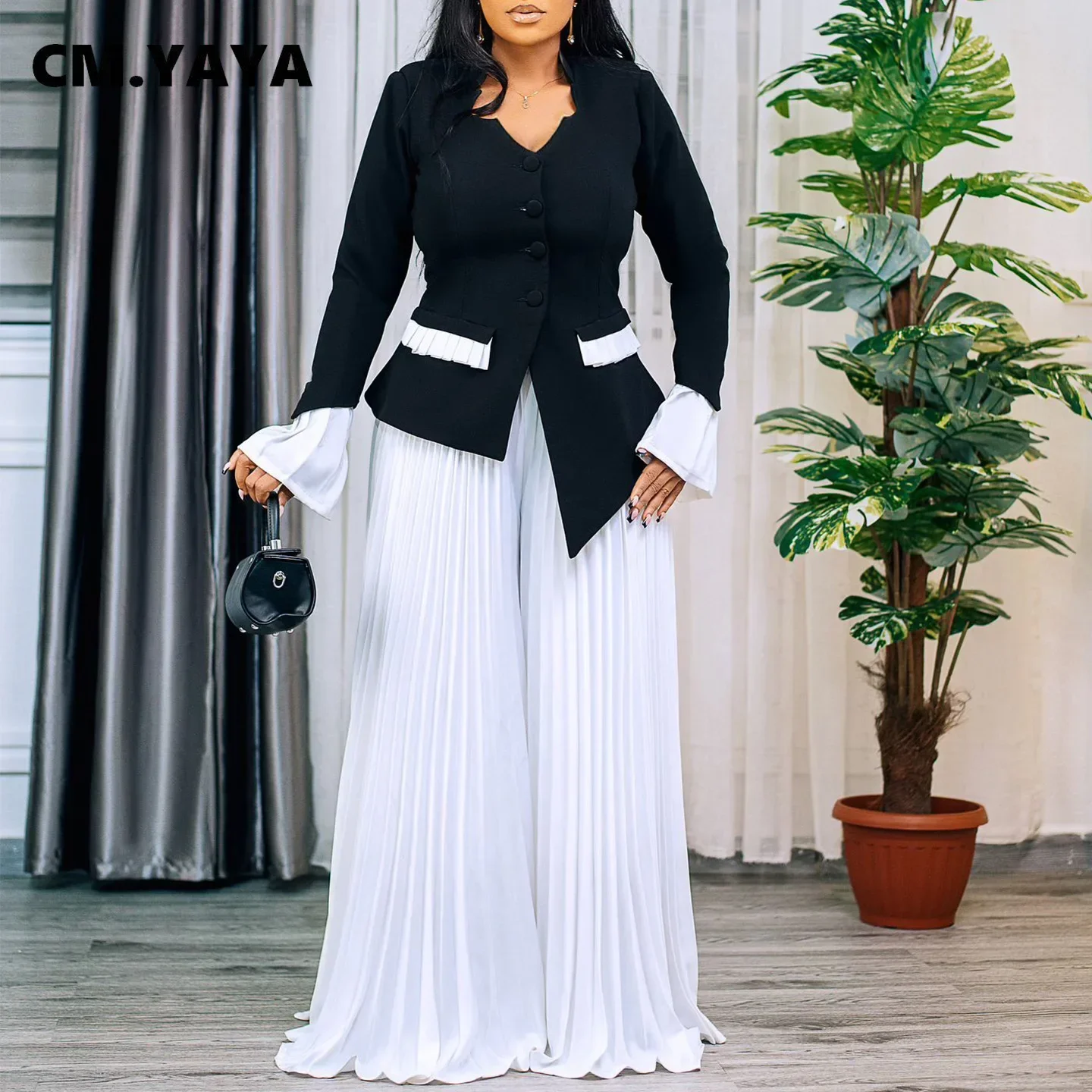 CM.YAYA Women’s Set Full Flare Sleeve Button Blazer Shirt + Pleated Long Pants Suit Streetwear Two 2 Piece Set Africa OL Outfits CM.YAYA Women's Set Full Flare Sleeve Button Blazer Shirt + Pleated Long Pants Suit Streetwear Two 2 Piece Set Africa OL Outfits