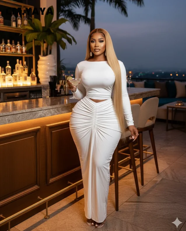 GLCMYAYA Fashion Ruched Women's Dress Set Crop Tops and Bodycon Long Skirts Suit 2026 Spring Street Sexy Two 2 Piece Set Outfit