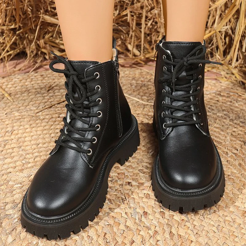 Warm Long Plush Ankle Boots for Women Motorcycle Style Black Pu Leather Waterproof Snow Boots Woman Winter Zip Platform Zapatos