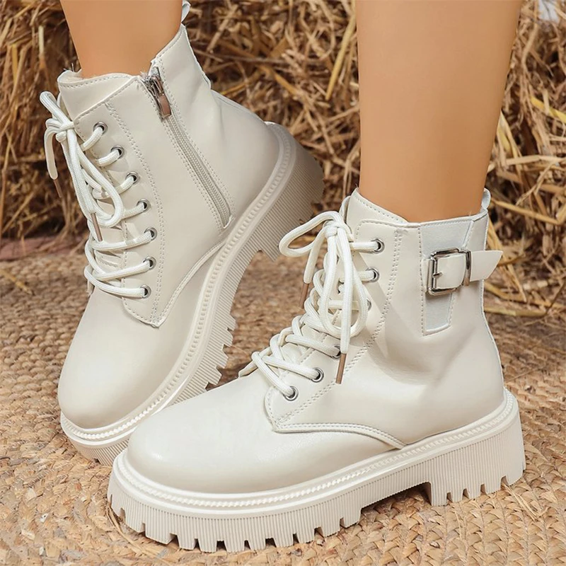 Warm Long Plush Ankle Boots for Women Motorcycle Style Black Pu Leather Waterproof Snow Boots Woman Winter Zip Platform Zapatos