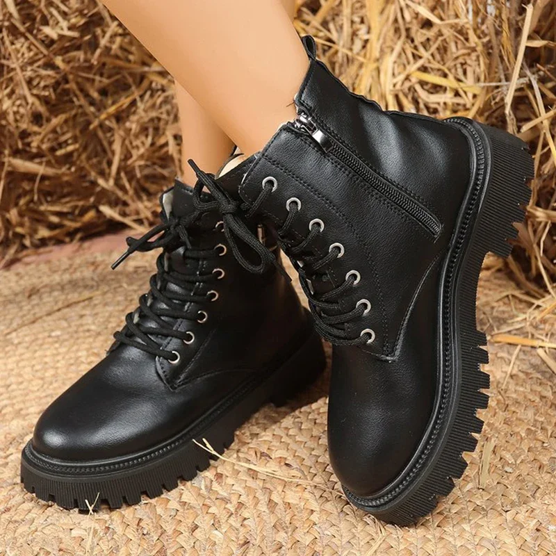 Warm Long Plush Ankle Boots for Women Motorcycle Style Black Pu Leather Waterproof Snow Boots Woman Winter Zip Platform Zapatos