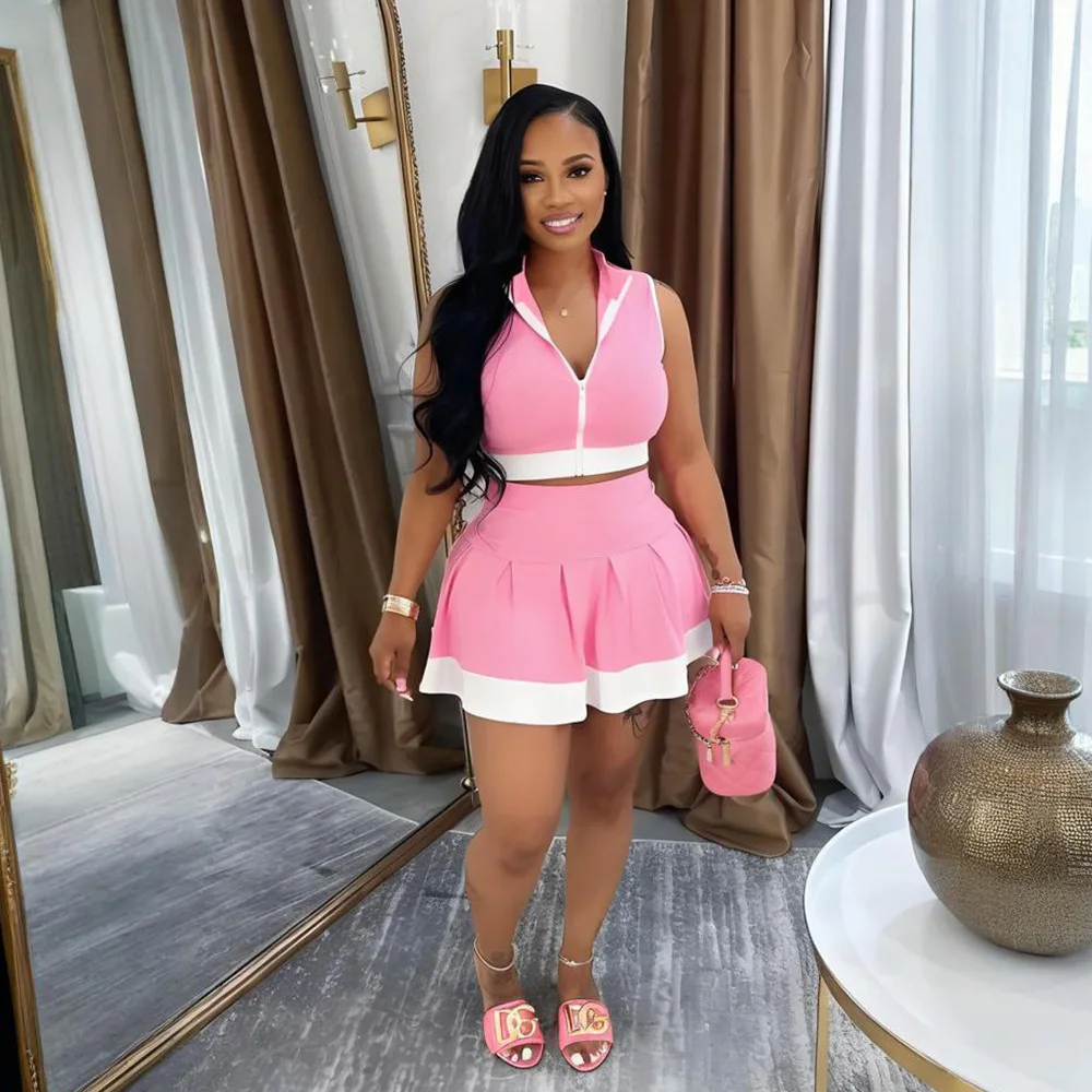 CM.YAYA Women's Set Sleeveless V-neck Vest  + Pleated Skirts 2025 Summer Cute Street Beach Two 2 Piece Sets Outfits Tracksuit