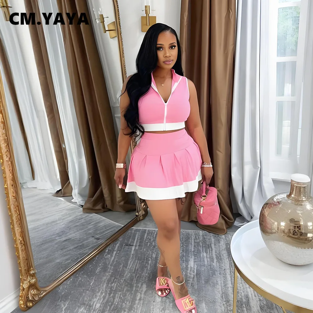 CM.YAYA Women’s Set Sleeveless V-neck Vest + Pleated Skirts 2025 Summer Cute Street Beach Two 2 Piece Sets Outfits Tracksuit CM.YAYA Women's Set Sleeveless V-neck Vest + Pleated Skirts 2025 Summer Cute Street Beach Two 2 Piece Sets Outfits Tracksuit