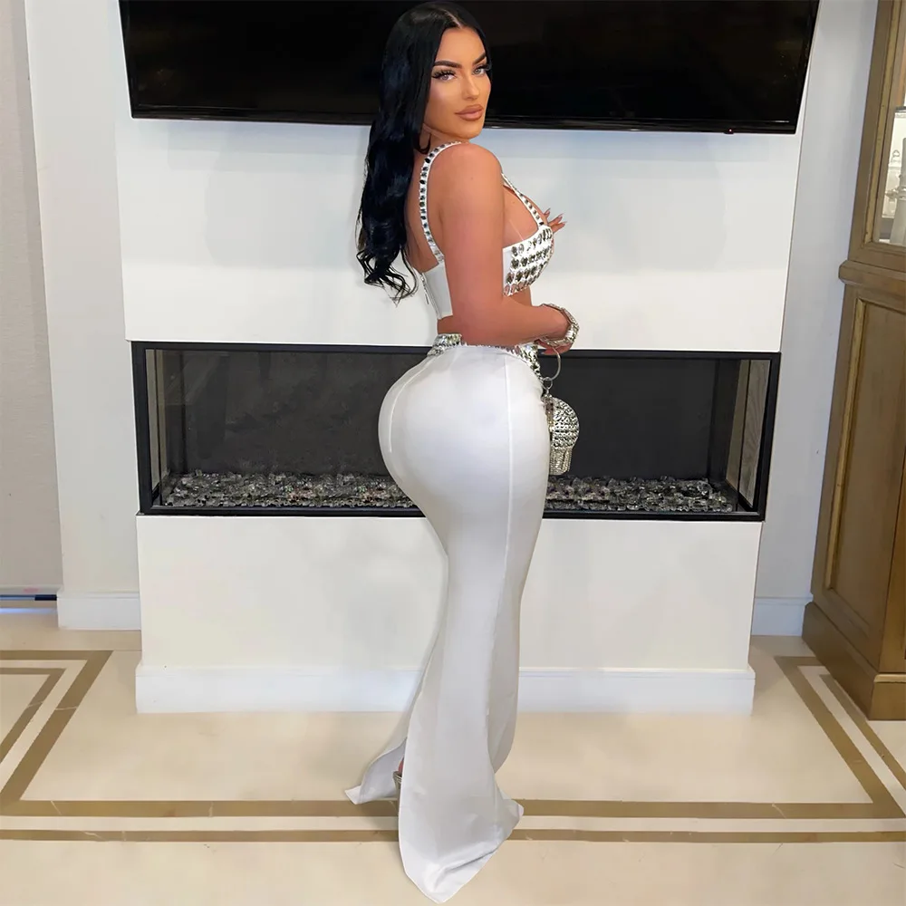 CM.YAYA Women Set Diamonds Hot Rhinestones Strapless Top + Long Skirt Suit Dress Sets Two 2 Piece Set Party Club Night Outfits