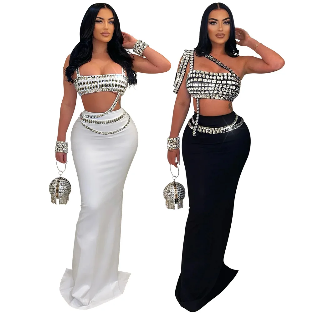 CM.YAYA Women Set Diamonds Hot Rhinestones Strapless Top + Long Skirt Suit Dress Sets Two 2 Piece Set Party Club Night Outfits