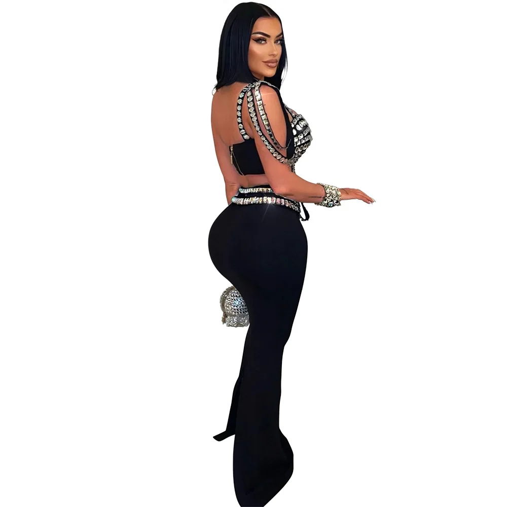 CM.YAYA Women Set Diamonds Hot Rhinestones Strapless Top + Long Skirt Suit Dress Sets Two 2 Piece Set Party Club Night Outfits