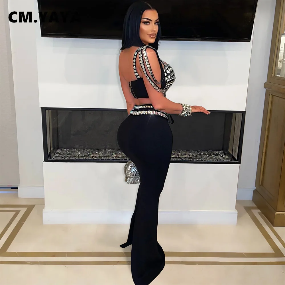 CM.YAYA Women Set Diamonds Hot Rhinestones Strapless Top + Long Skirt Suit Dress Sets Two 2 Piece Set Party Club Night Outfits CM.YAYA Women Set Diamonds Hot Rhinestones Strapless Top + Long Skirt Suit Dress Sets Two 2 Piece Set Party Club Night Outfits