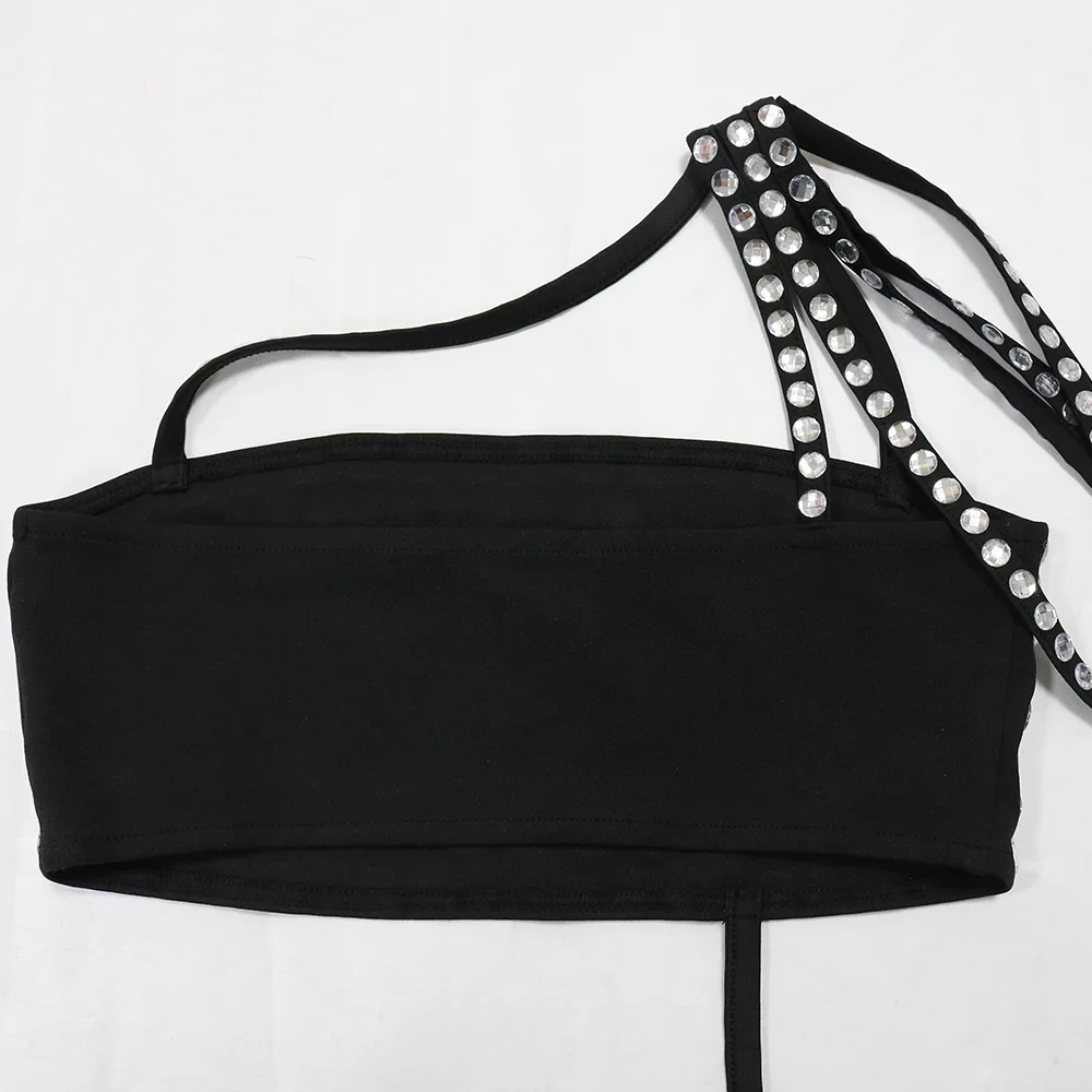 CM.YAYA Women Set Diamonds Hot Rhinestones Strapless Top + Long Skirt Suit Dress Sets Two 2 Piece Set Party Club Night Outfits