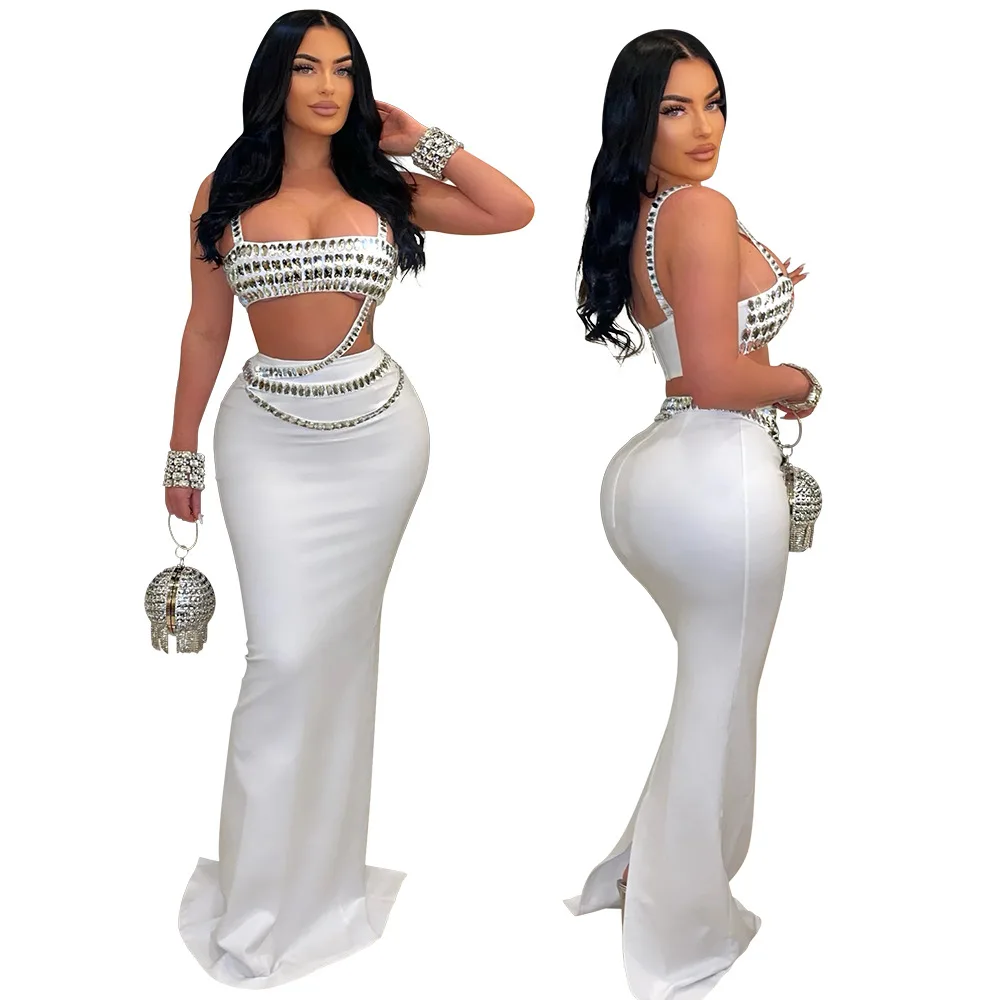 CM.YAYA Women Set Diamonds Hot Rhinestones Strapless Top + Long Skirt Suit Dress Sets Two 2 Piece Set Party Club Night Outfits