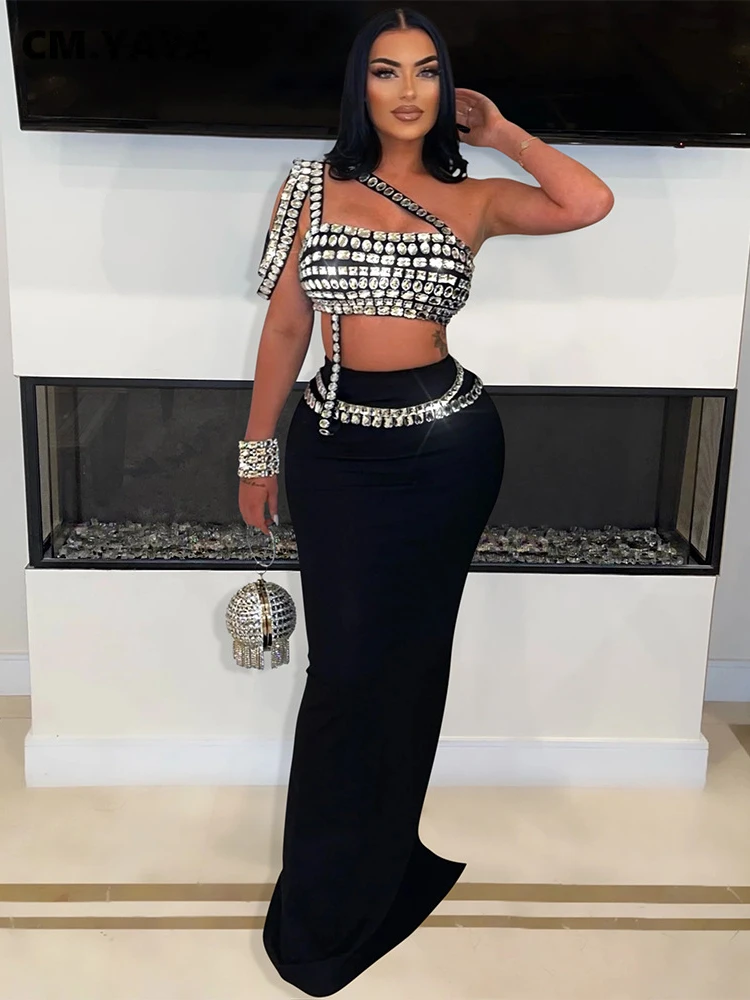 CM.YAYA Women Set Diamonds Hot Rhinestones Strapless Top + Long Skirt Suit Dress Sets Two 2 Piece Set Party Club Night Outfits CM.YAYA Women Set Diamonds Hot Rhinestones Strapless Top + Long Skirt Suit Dress Sets Two 2 Piece Set Party Club Night Outfits