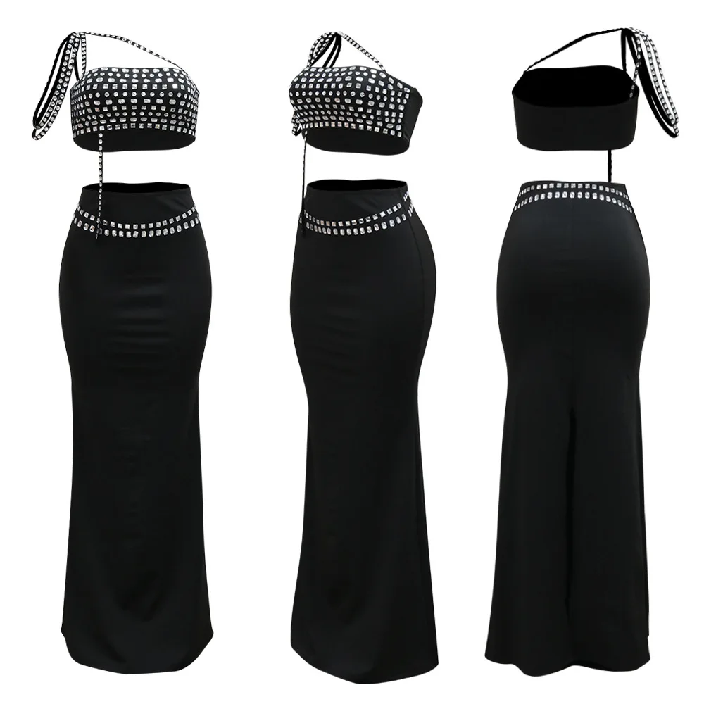 CM.YAYA Women Set Diamonds Hot Rhinestones Strapless Top + Long Skirt Suit Dress Sets Two 2 Piece Set Party Club Night Outfits