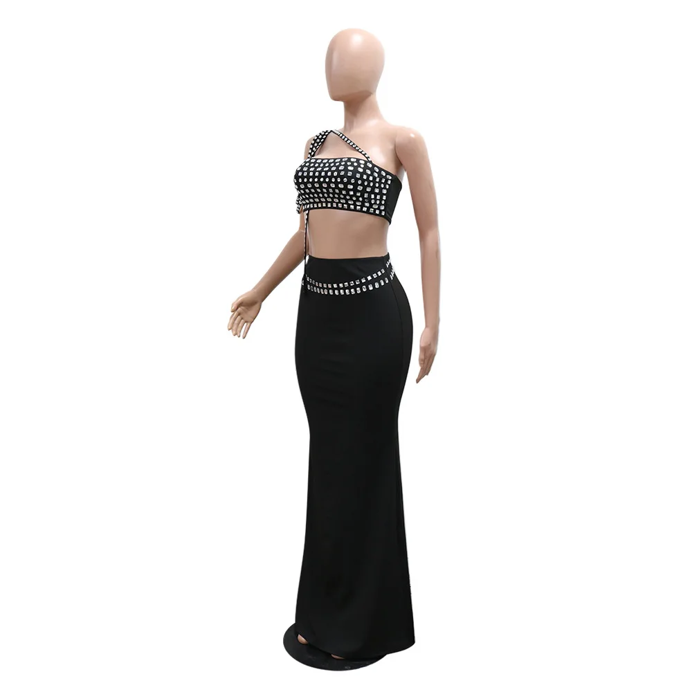 CM.YAYA Women Set Diamonds Hot Rhinestones Strapless Top + Long Skirt Suit Dress Sets Two 2 Piece Set Party Club Night Outfits