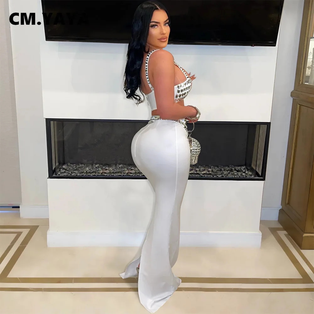 CM.YAYA Women Set Diamonds Hot Rhinestones Strapless Top + Long Skirt Suit Dress Sets Two 2 Piece Set Party Club Night Outfits CM.YAYA Women Set Diamonds Hot Rhinestones Strapless Top + Long Skirt Suit Dress Sets Two 2 Piece Set Party Club Night Outfits