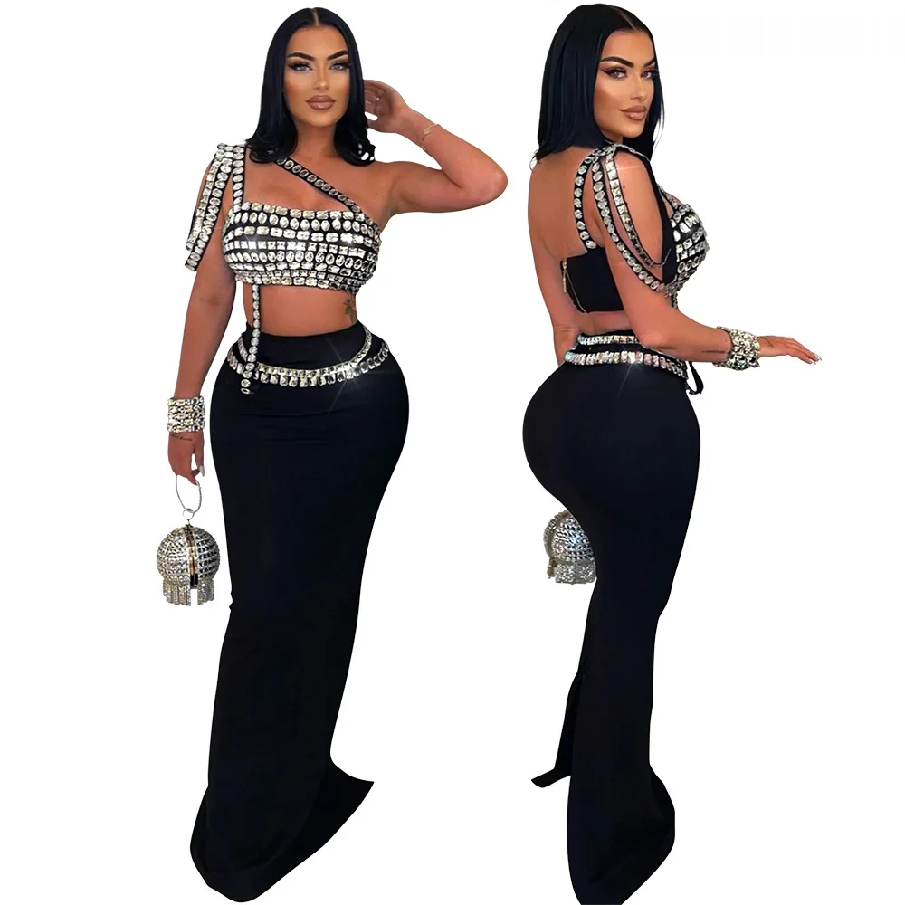 CM.YAYA Women Set Diamonds Hot Rhinestones Strapless Top + Long Skirt Suit Dress Sets Two 2 Piece Set Party Club Night Outfits