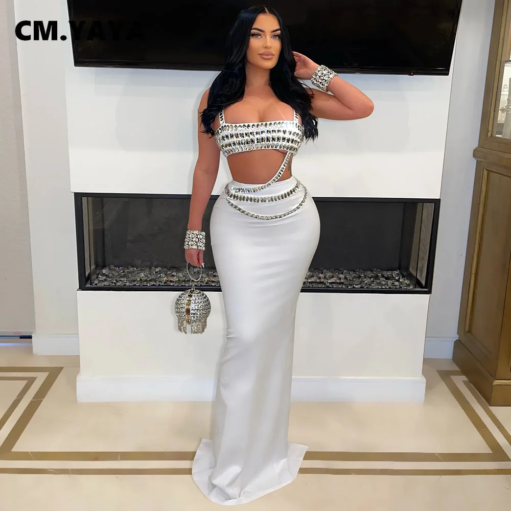 CM.YAYA Women Set Diamonds Hot Rhinestones Strapless Top + Long Skirt Suit Dress Sets Two 2 Piece Set Party Club Night Outfits CM.YAYA Women Set Diamonds Hot Rhinestones Strapless Top + Long Skirt Suit Dress Sets Two 2 Piece Set Party Club Night Outfits