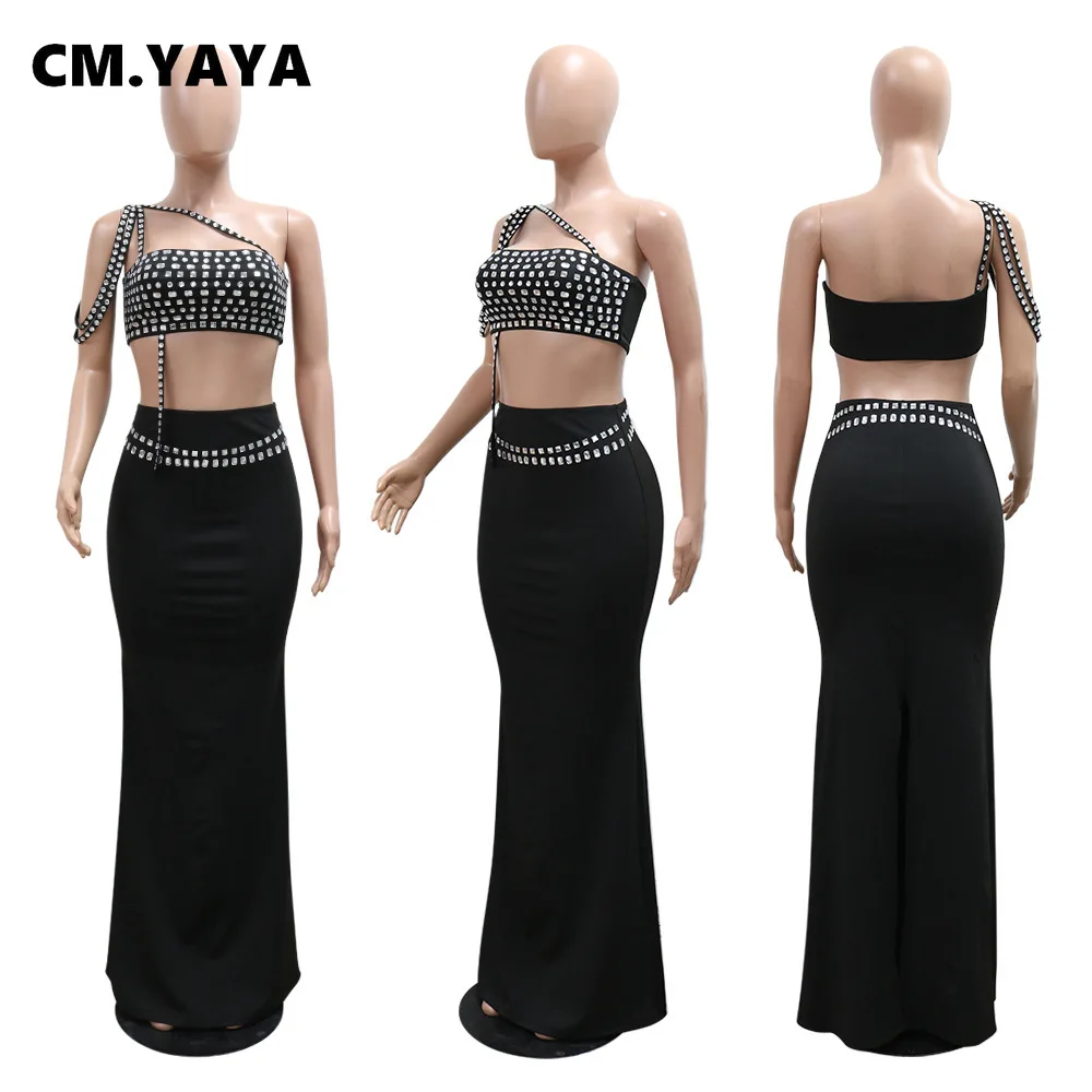 CM.YAYA Women Set Diamonds Hot Rhinestones Strapless Top + Long Skirt Suit Dress Sets Two 2 Piece Set Party Club Night Outfits CM.YAYA Women Set Diamonds Hot Rhinestones Strapless Top + Long Skirt Suit Dress Sets Two 2 Piece Set Party Club Night Outfits