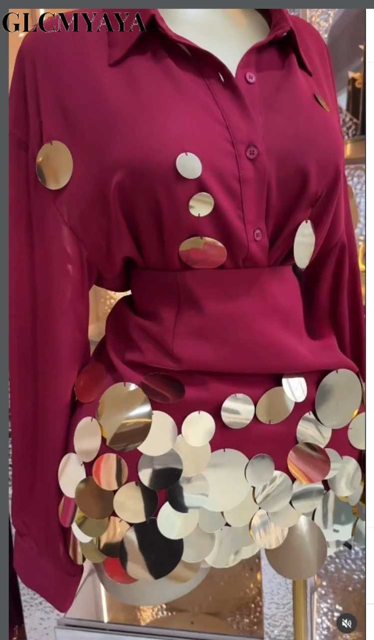 GLCMYAYA Fashion Sequined Splicing Women's Set Lapel Collar Shirt and Midi A-line Skirt Suit Vacation Two 2 Piece Set Outfits