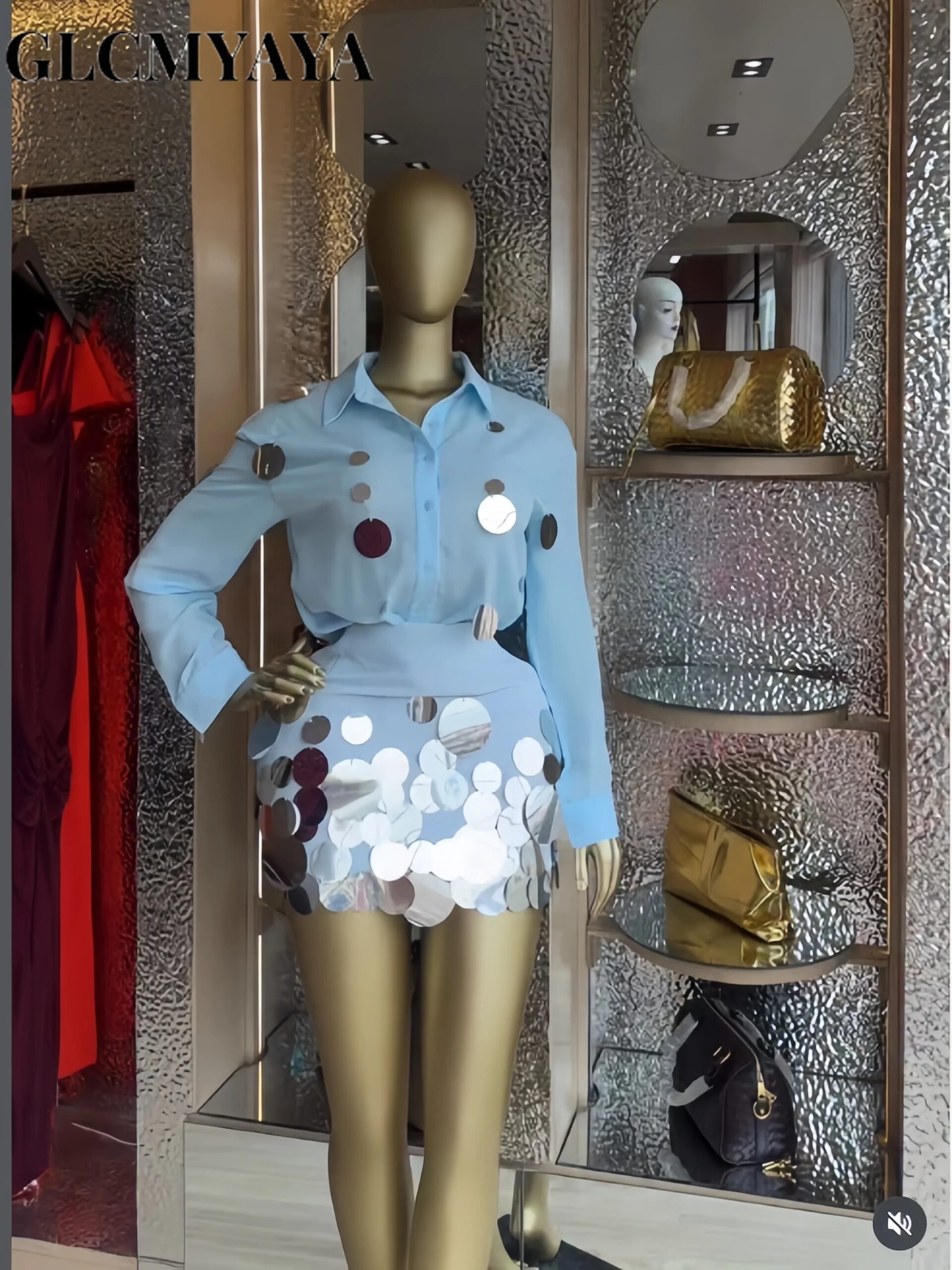 GLCMYAYA Fashion Sequined Splicing Women's Set Lapel Collar Shirt and Midi A-line Skirt Suit Vacation Two 2 Piece Set Outfits GLCMYAYA Fashion Sequined Splicing Women's Set Lapel Collar Shirt and Midi A-line Skirt Suit Vacation Two 2 Piece Set Outfits