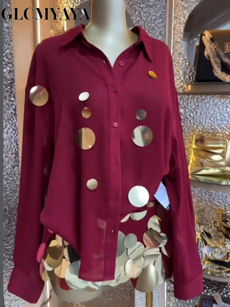 GLCMYAYA Fashion Sequined Splicing Women's Set Lapel Collar Shirt and Midi A-line Skirt Suit Vacation Two 2 Piece Set Outfits
