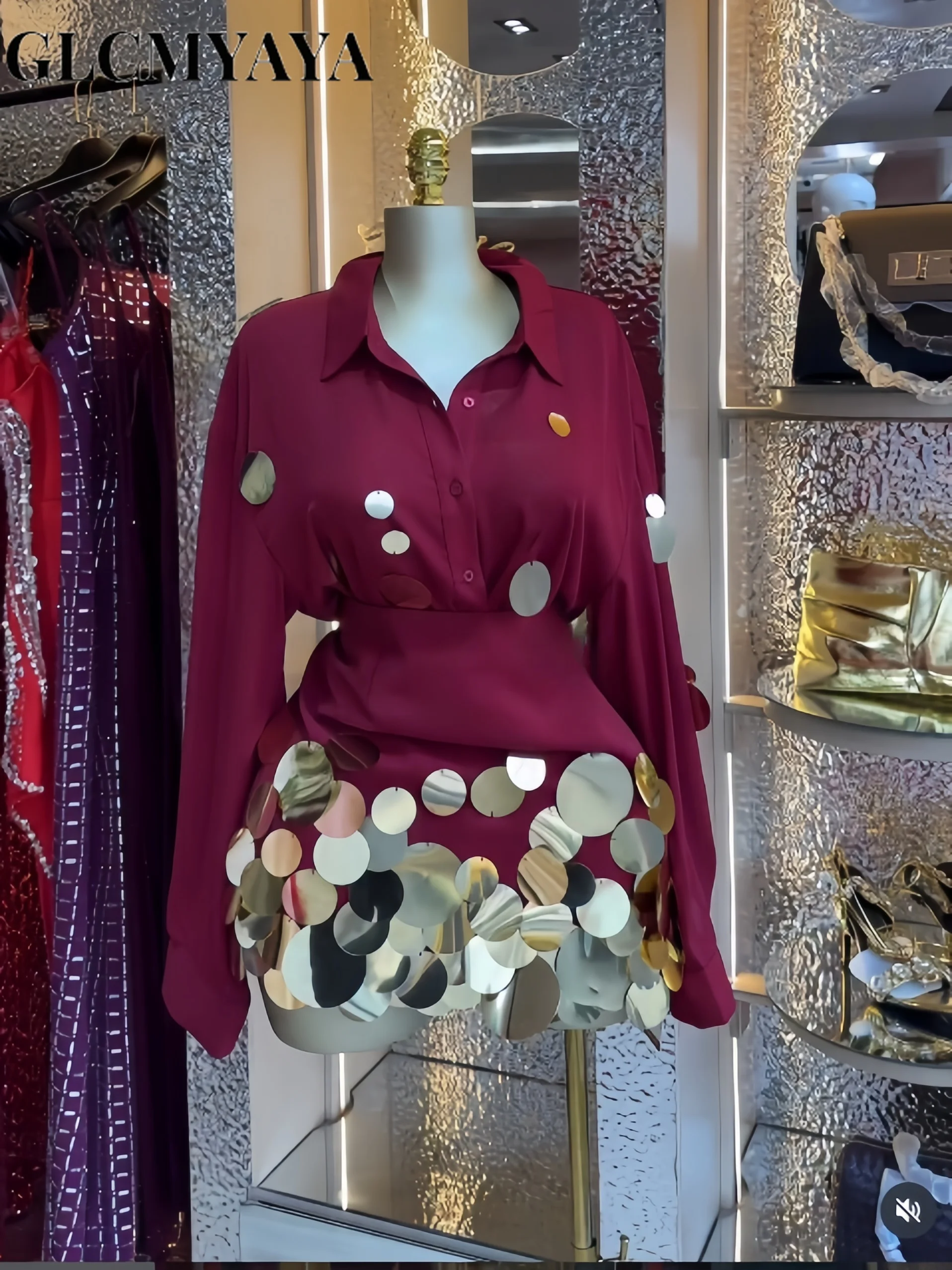 GLCMYAYA Fashion Sequined Splicing Women's Set Lapel Collar Shirt and Midi A-line Skirt Suit Vacation Two 2 Piece Set Outfits