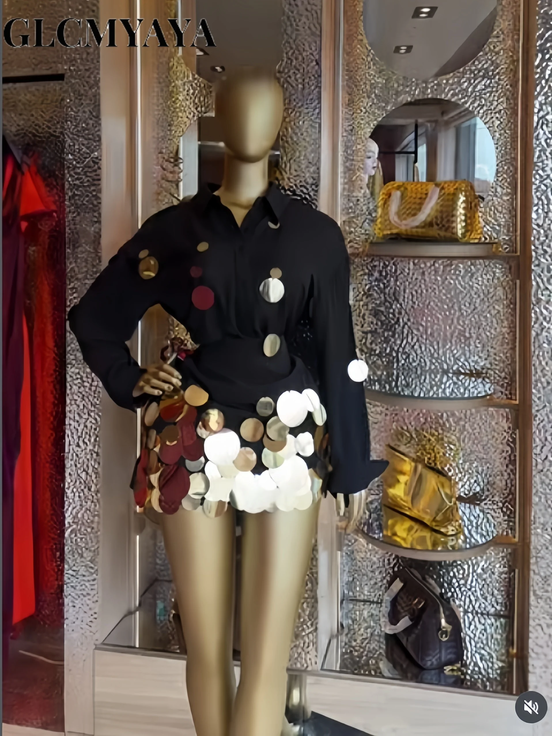 GLCMYAYA Fashion Sequined Splicing Women's Set Lapel Collar Shirt and Midi A-line Skirt Suit Vacation Two 2 Piece Set Outfits