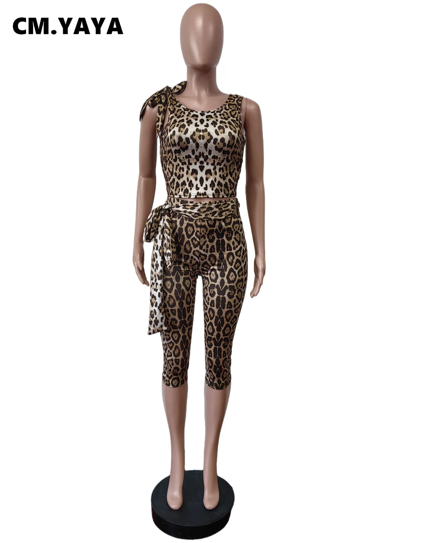 CM.YAYA Women's Set Active Leopard Print Sleeveless Tie Up Top +Pants Suits Street Sporty Two 2 Piece Set Outfit Tracksuit 2025