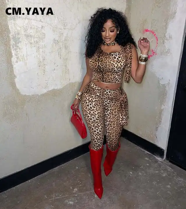 CM.YAYA Women's Set Active Leopard Print Sleeveless Tie Up Top +Pants Suits Street Sporty Two 2 Piece Set Outfit Tracksuit 2025