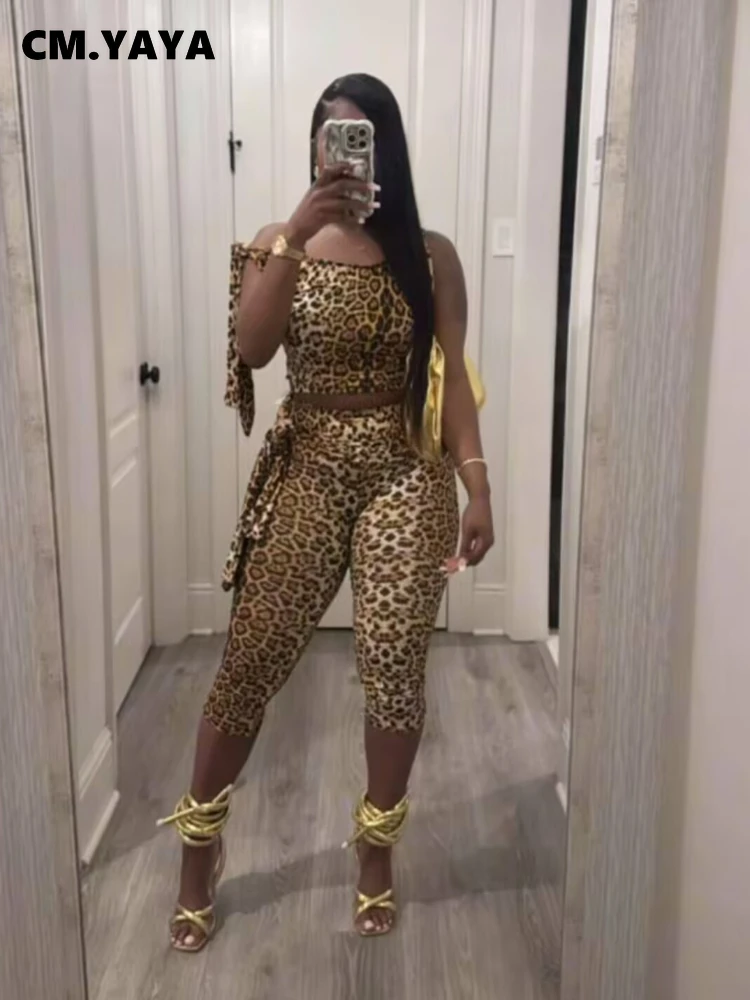 CM.YAYA Women's Set Active Leopard Print Sleeveless Tie Up Top +Pants Suits Street Sporty Two 2 Piece Set Outfit Tracksuit 2025
