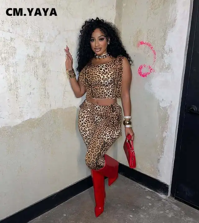 CM.YAYA Women's Set Active Leopard Print Sleeveless Tie Up Top +Pants Suits Street Sporty Two 2 Piece Set Outfit Tracksuit 2025
