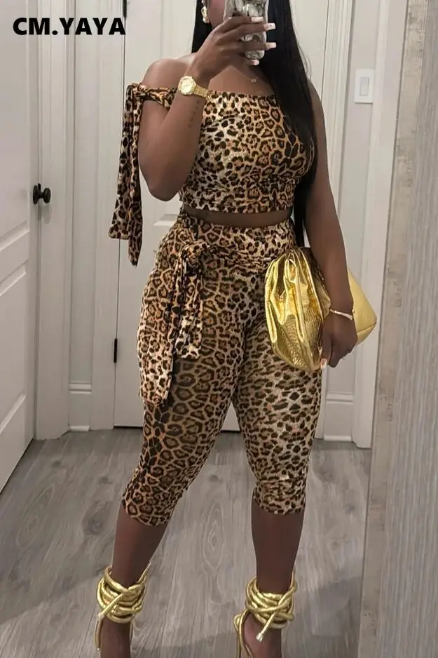 CM.YAYA Women's Set Active Leopard Print Sleeveless Tie Up Top +Pants Suits Street Sporty Two 2 Piece Set Outfit Tracksuit 2025