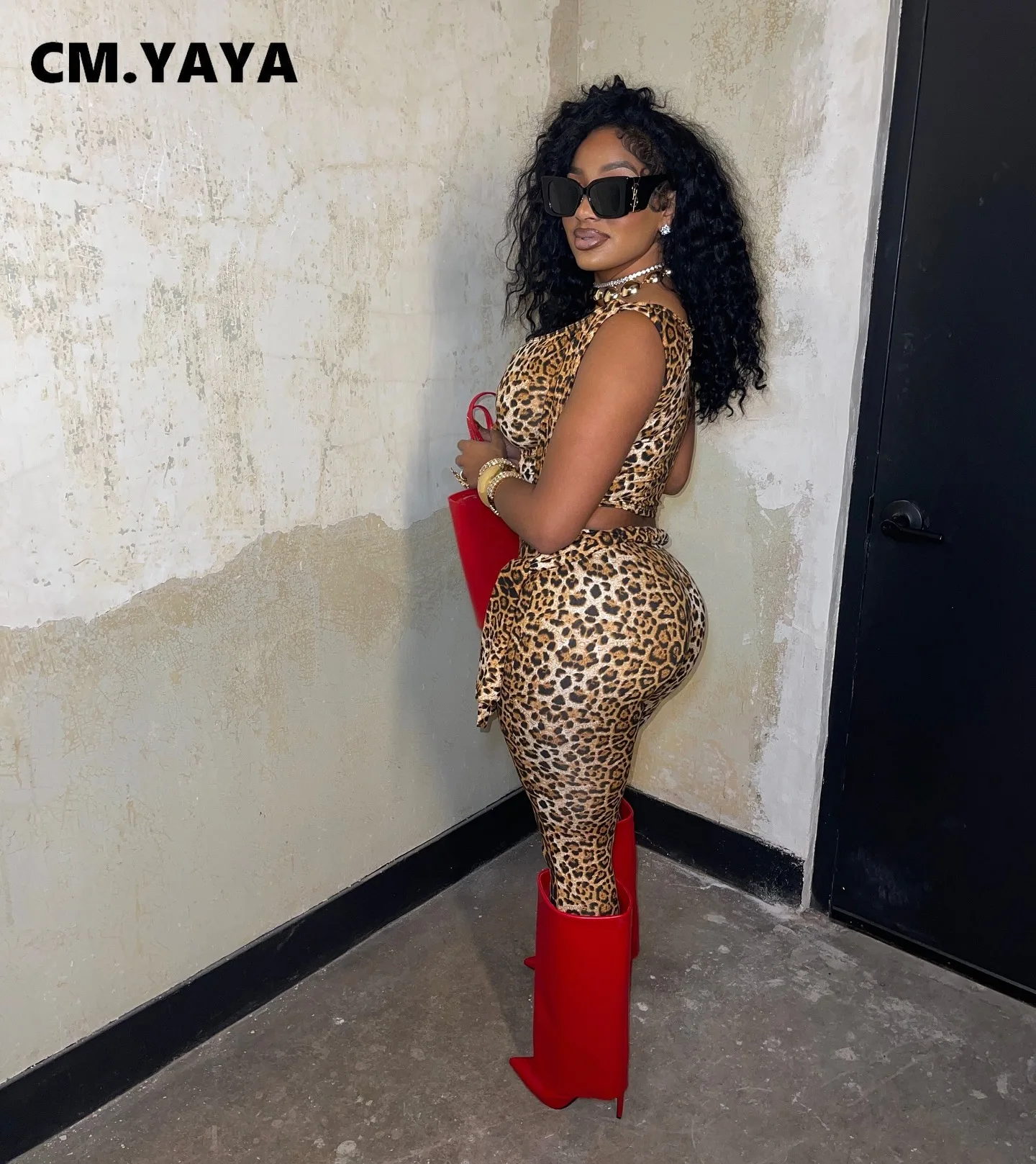 CM.YAYA Women's Set Active Leopard Print Sleeveless Tie Up Top +Pants Suits Street Sporty Two 2 Piece Set Outfit Tracksuit 2025