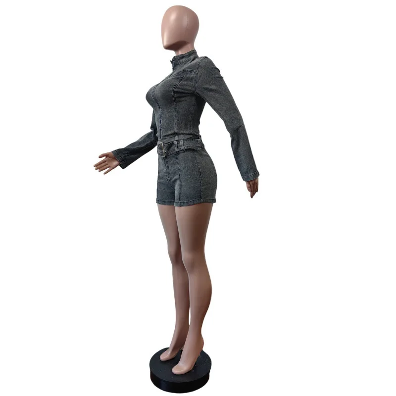 CM.YAYA Fashion Denim Women's Set Long Sleeve Jacket and Belt Shorts Suits 2024 Winter Street Two 2 Piece Sets Outfits Tracksuit