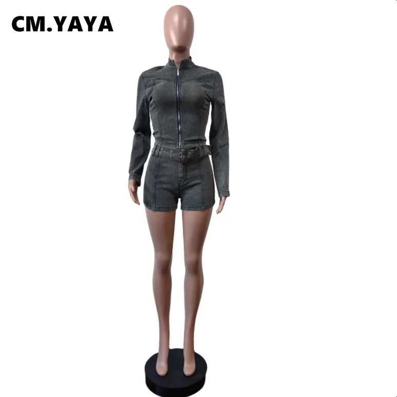 CM.YAYA Fashion Denim Women's Set Long Sleeve Jacket and Belt Shorts Suits 2024 Winter Street Two 2 Piece Sets Outfits Tracksuit