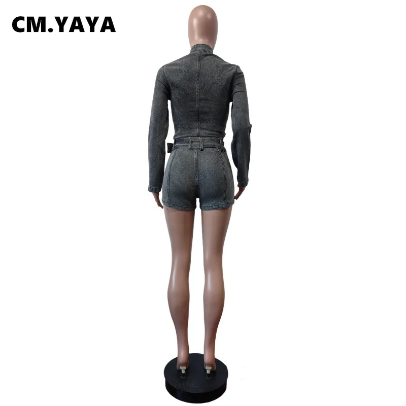 CM.YAYA Fashion Denim Women's Set Long Sleeve Jacket and Belt Shorts Suits 2024 Winter Street Two 2 Piece Sets Outfits Tracksuit