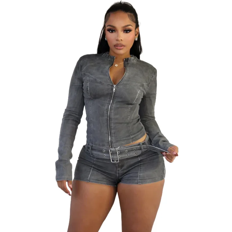 CM.YAYA Fashion Denim Women's Set Long Sleeve Jacket and Belt Shorts Suits 2024 Winter Street Two 2 Piece Sets Outfits Tracksuit