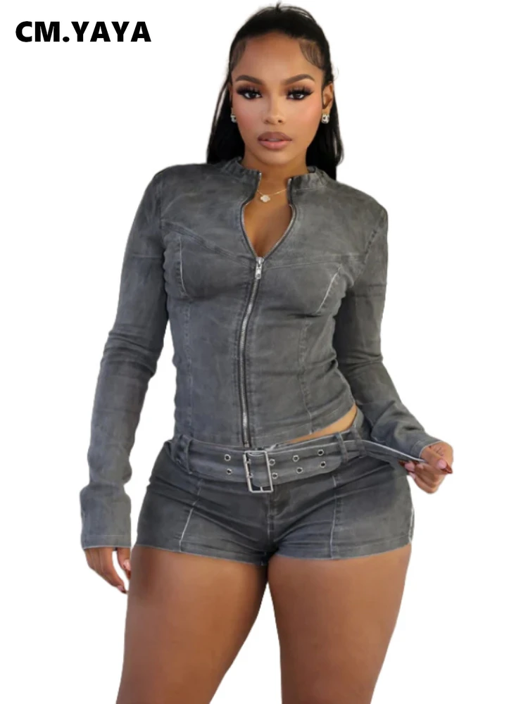 CM.YAYA Fashion Denim Women's Set Long Sleeve Jacket and Belt Shorts Suits 2024 Winter Street Two 2 Piece Sets Outfits Tracksuit