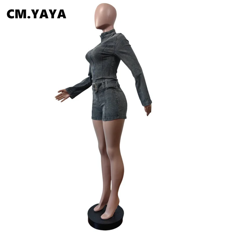 CM.YAYA Fashion Denim Women's Set Long Sleeve Jacket and Belt Shorts Suits 2024 Winter Street Two 2 Piece Sets Outfits Tracksuit