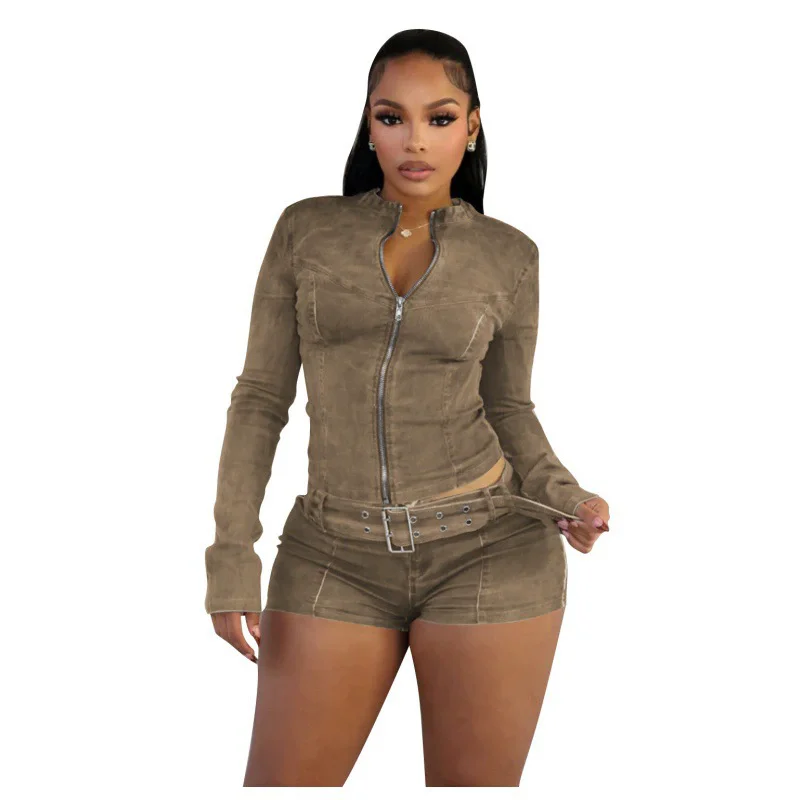 CM.YAYA Fashion Denim Women's Set Long Sleeve Jacket and Belt Shorts Suits 2024 Winter Street Two 2 Piece Sets Outfits Tracksuit