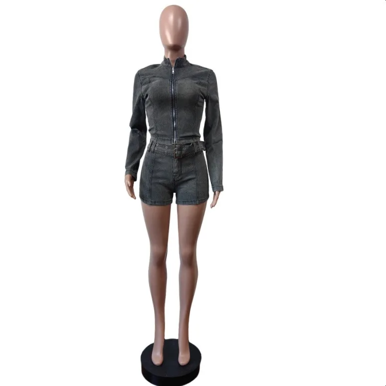 CM.YAYA Fashion Denim Women's Set Long Sleeve Jacket and Belt Shorts Suits 2024 Winter Street Two 2 Piece Sets Outfits Tracksuit