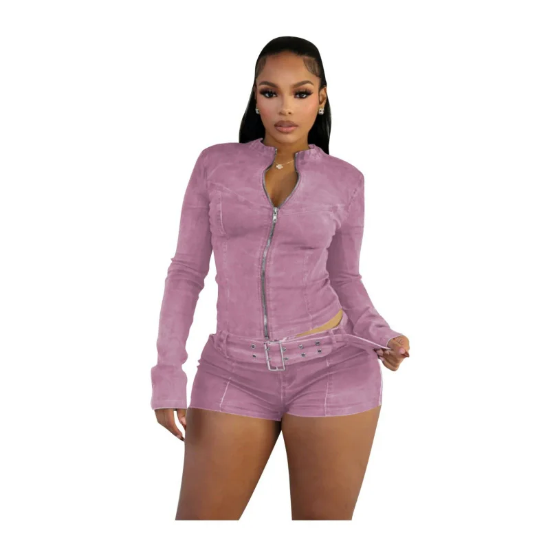 CM.YAYA Fashion Denim Women's Set Long Sleeve Jacket and Belt Shorts Suits 2024 Winter Street Two 2 Piece Sets Outfits Tracksuit