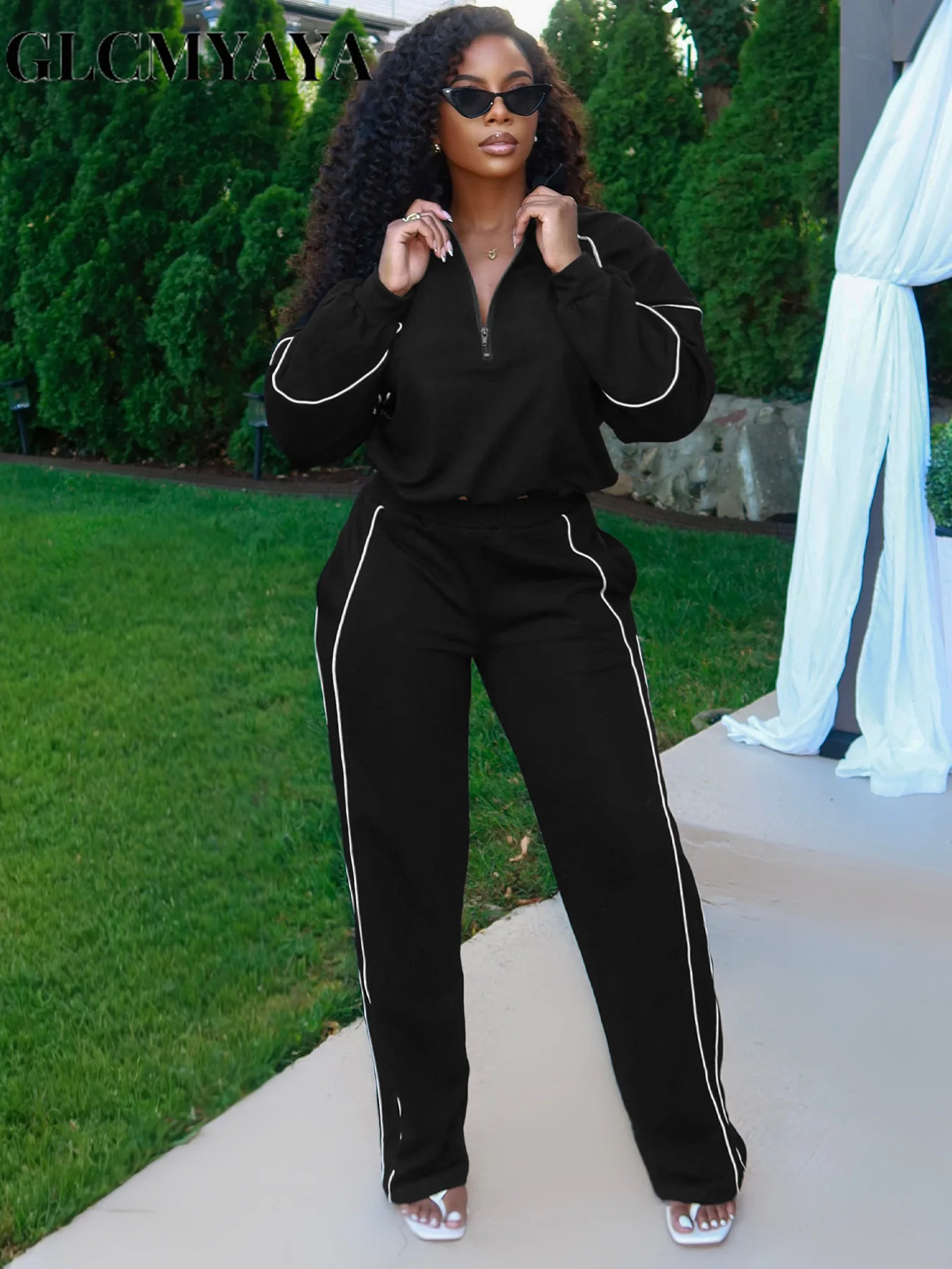 GLCMYAYA Women's Set Long Sleeve Sweatshirt + Wide Leg Pant Suits 2025 Autumn Active Sporty Tracksuit 2 Two Pieces Set Outfits