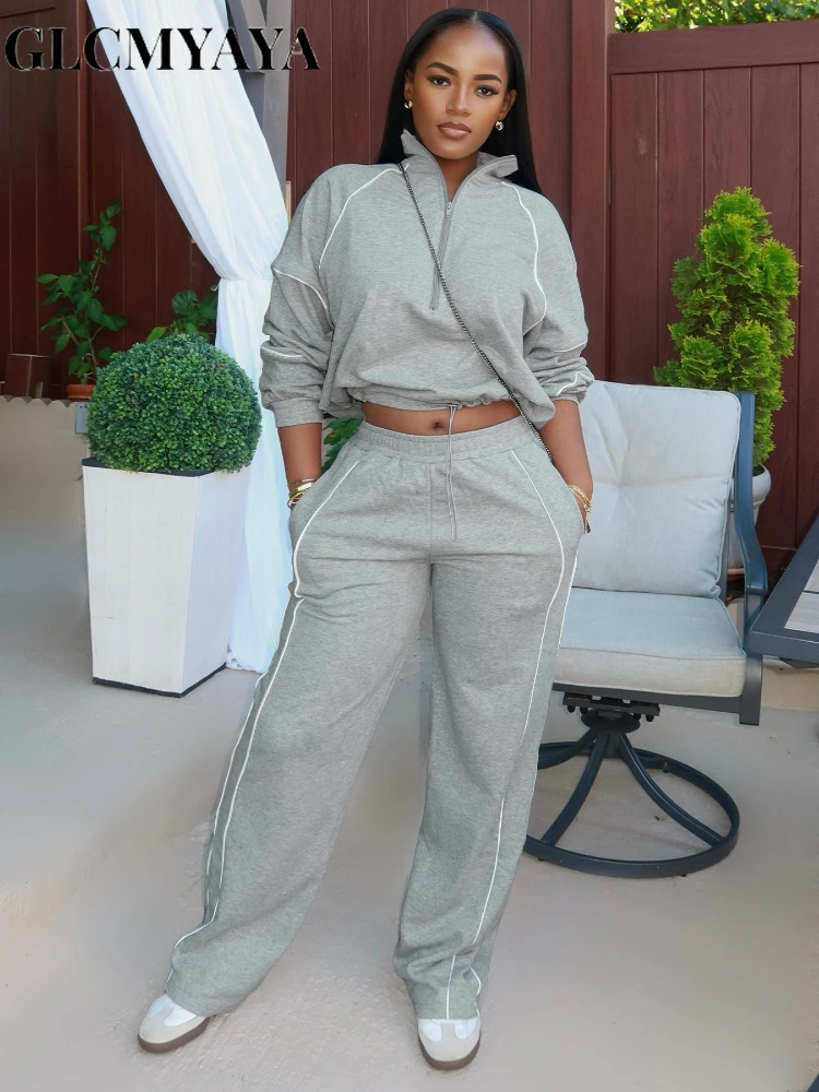 GLCMYAYA Women's Set Long Sleeve Sweatshirt + Wide Leg Pant Suits 2025 Autumn Active Sporty Tracksuit 2 Two Pieces Set Outfits