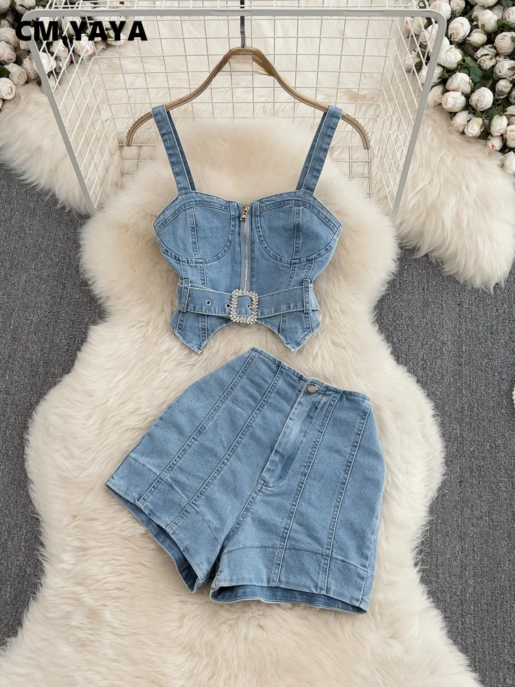 CM.YAYA Women Set Denim Strapless Belt Top +Mini shorts Sets Street Casual Two 2 Piece Set Sexy Party Outfit 2024 Summer CM.YAYA Women Set Denim Strapless Belt Top +Mini shorts Sets Street Casual Two 2 Piece Set Sexy Party Outfit 2024 Summer