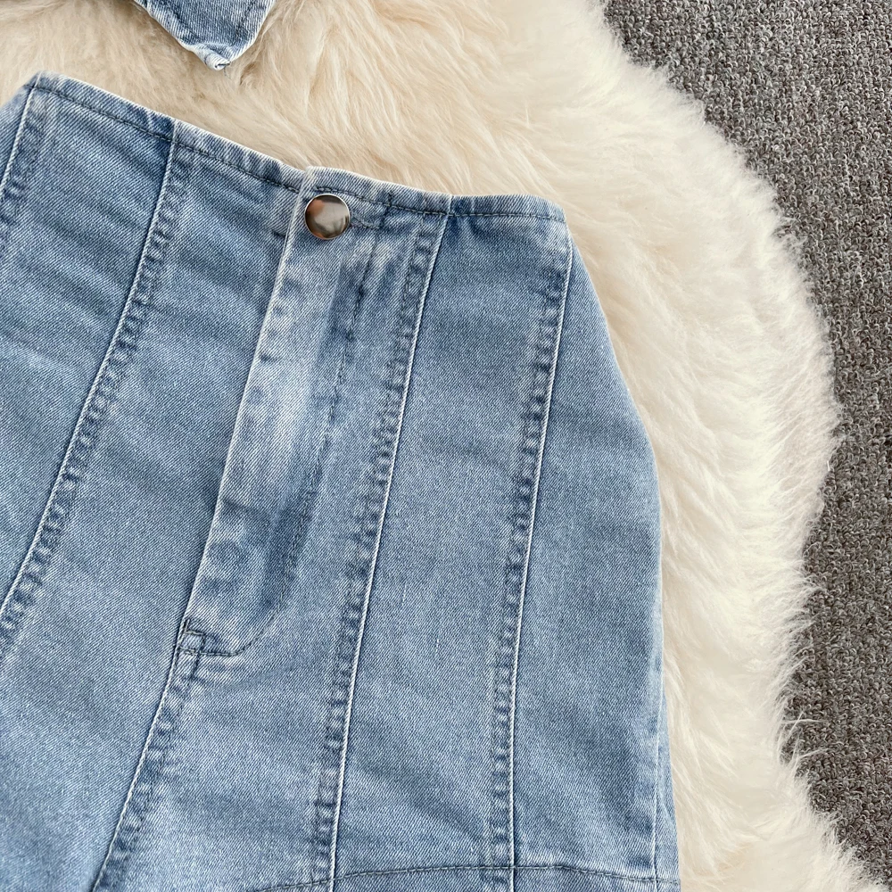 CM.YAYA Women Set Denim Strapless Belt Top +Mini shorts Sets Street Casual Two 2 Piece Set Sexy Party Outfit 2024 Summer CM.YAYA Women Set Denim Strapless Belt Top +Mini shorts Sets Street Casual Two 2 Piece Set Sexy Party Outfit 2024 Summer