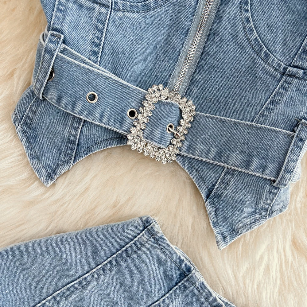 CM.YAYA Women Set Denim Strapless Belt Top +Mini shorts Sets Street Casual Two 2 Piece Set Sexy Party Outfit 2024 Summer CM.YAYA Women Set Denim Strapless Belt Top +Mini shorts Sets Street Casual Two 2 Piece Set Sexy Party Outfit 2024 Summer